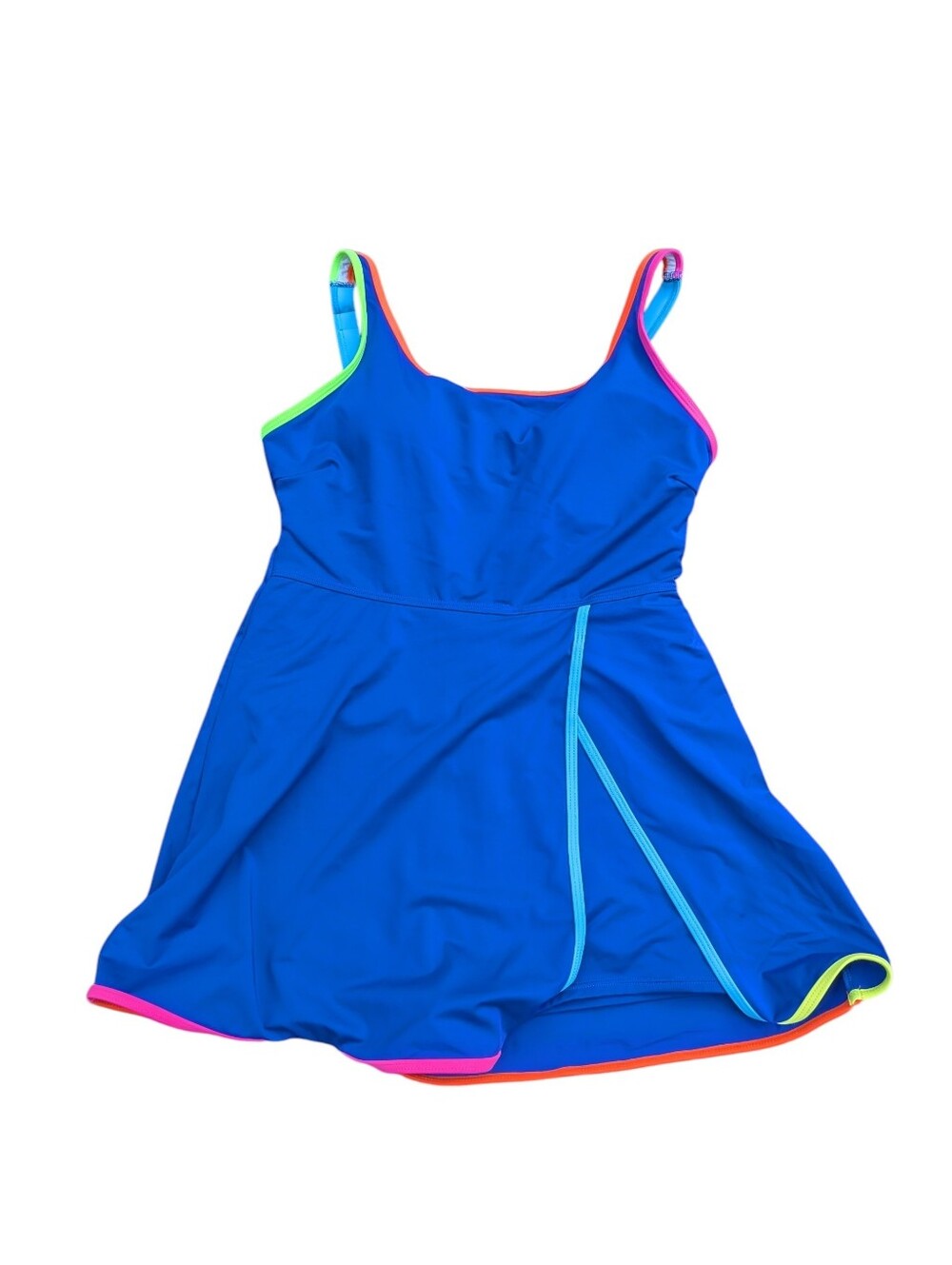Women's One Piece Skirted Swimsuit, Blue With Multicolor Trim, Size L